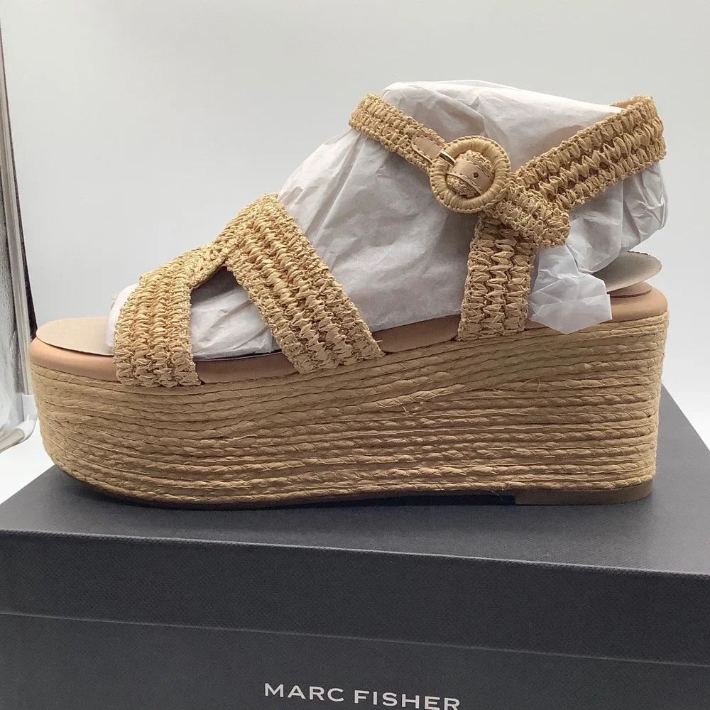 Marc‎ Fisher LTD Womens Tan Raffia Platform Espadrille Wedge Sandals Size 8.5M